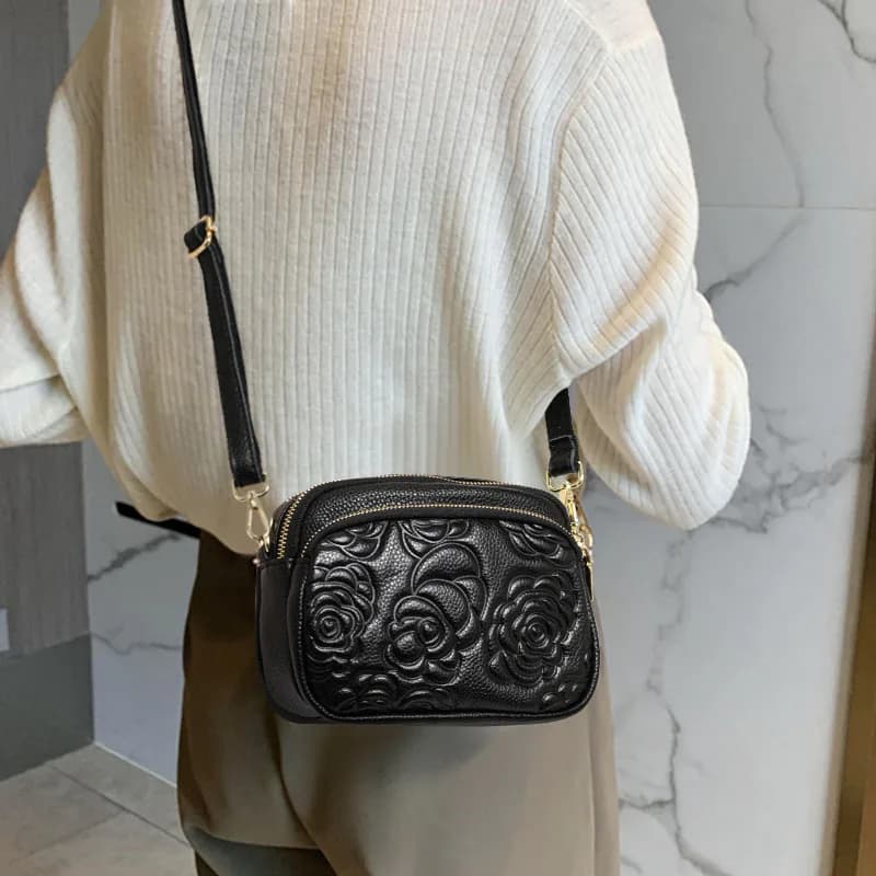 Aidrani Mini niche shoulder bag in genuine cowhide leather Women's bag with removable shoulder strap with multi compartment black pink flower