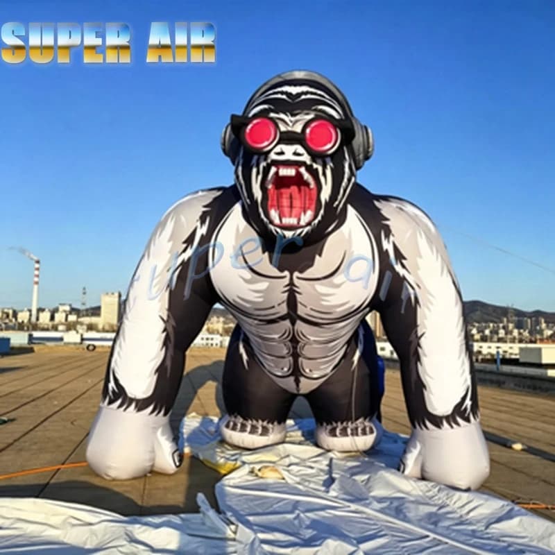 Giant Inflatable DJ Gorilla with Headphones & Red Sunglasses, Large Black White Inflatable King Kong Model for Club Party