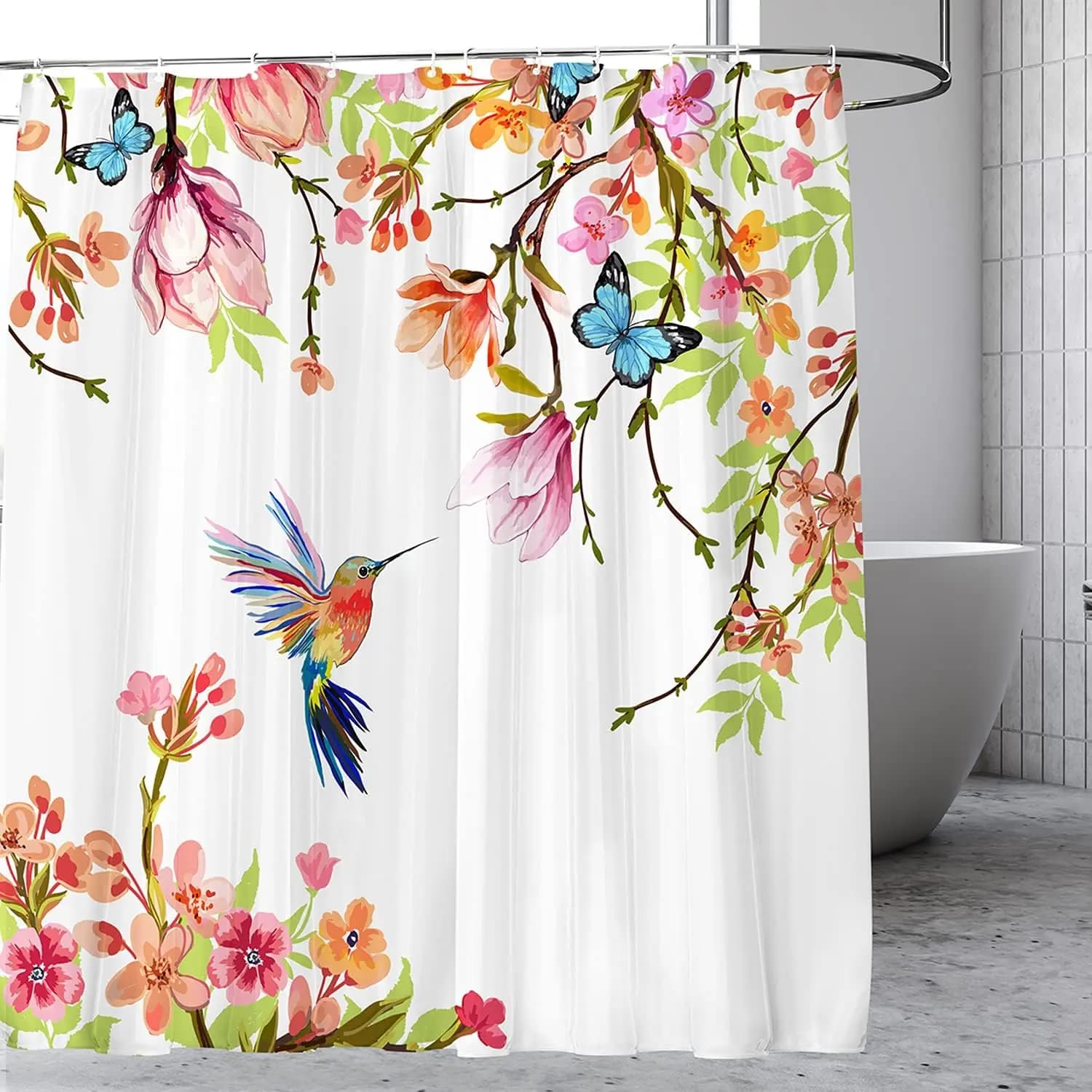 Shower Curtain Flower, Hummingbird Shower Curtain Set for Bathroom Waterproof Summer Shower Curtain Machine Washable Bathroom