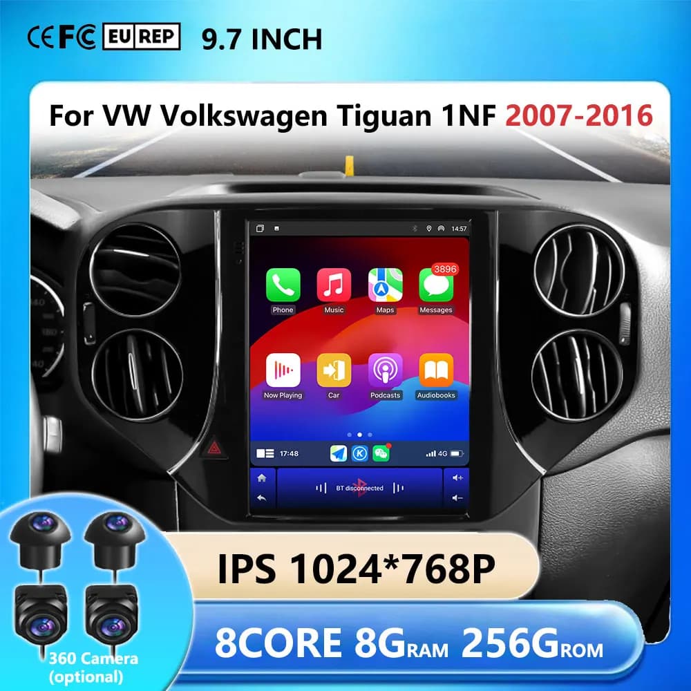 9.7 '' Autoradio Lettore Multimediale Per VW Volkswagen Tiguan 1NF 2007-2016 2din Android 15 Carplay GPS Tesla Stile Stereo 4G
