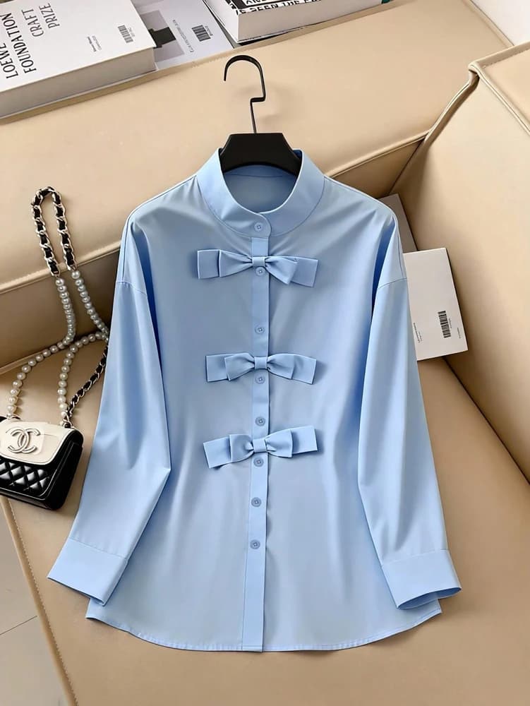 Camicetta Plus Size Primaverile Estiva Blu Stile Preppy con Fiocco, Camicia Larga a Maniche Lunghe con Colletto Rialzato, Top Casual Modesto Stile College
