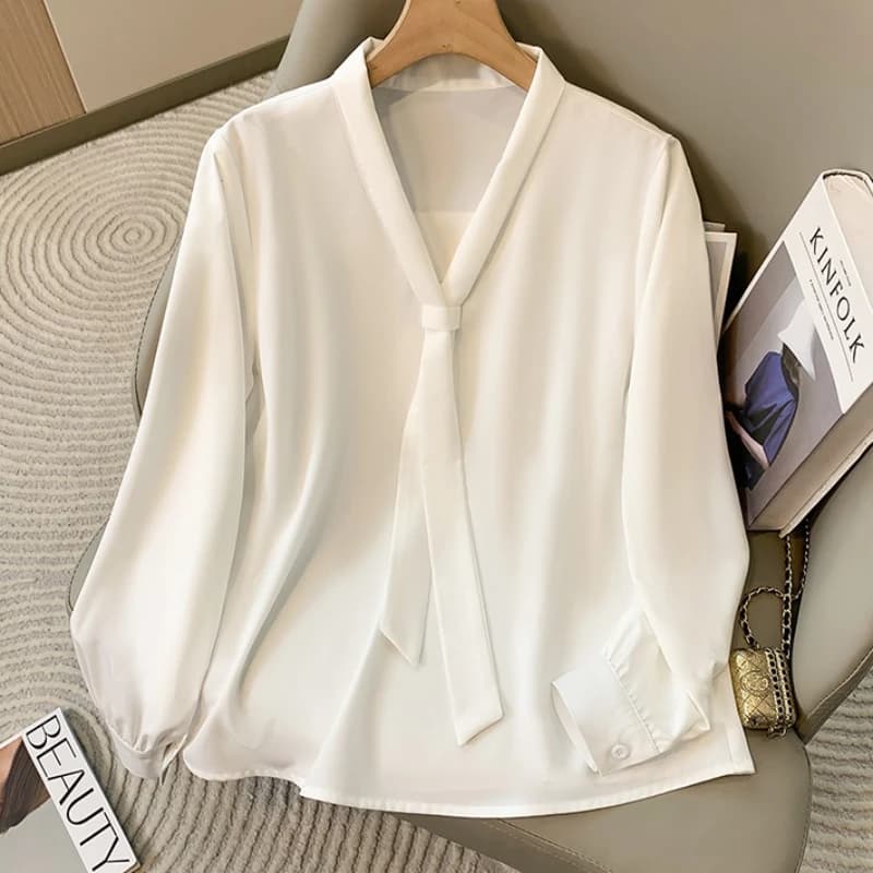 V Neck Knot Blouse Elegant Daily Solid Thin Chiffon Plus Size Loose Fit Spring Autumn Commute Butterfly Knot Decor