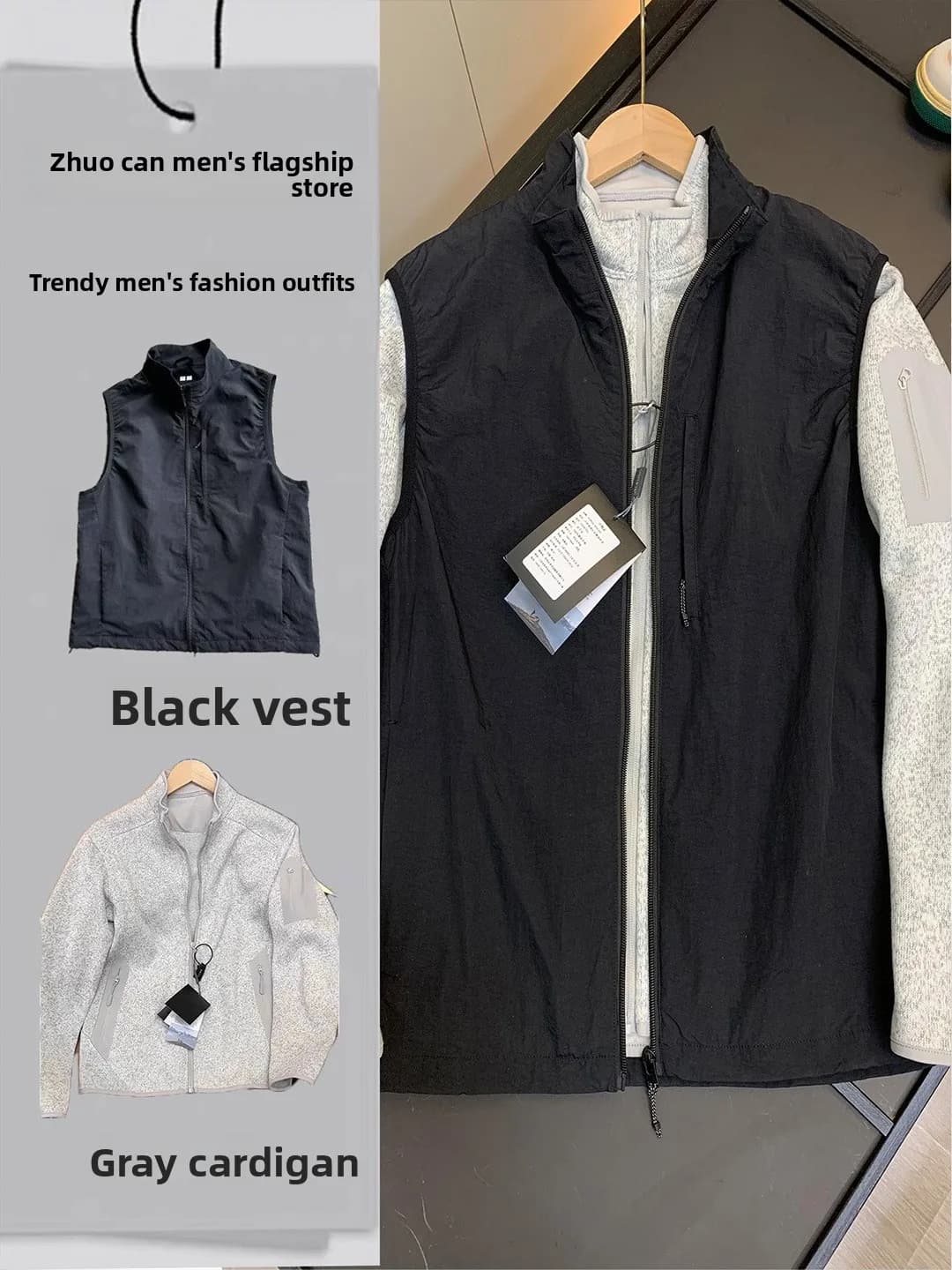 Outdoor Workwear Vest Men's Long Sleeve Stand Collar Jacket American Retro Outfit Two-Piece Set Autumn Fashion Men's Vest