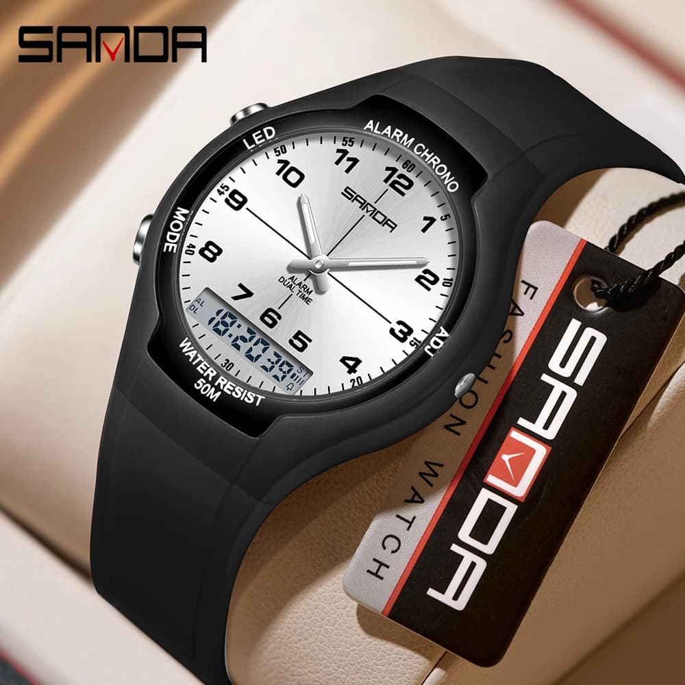 SANDA6320 New electronic watch with double display Fashionable waterproof women watch Night light Quartz watch for students Men's watch