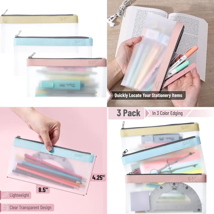 Astuccio trasparente Confezione da 3 astucci per uso scolastico e in ufficio Astuccio trasparente con cerniera resistente Ideale per riporre penne e matite