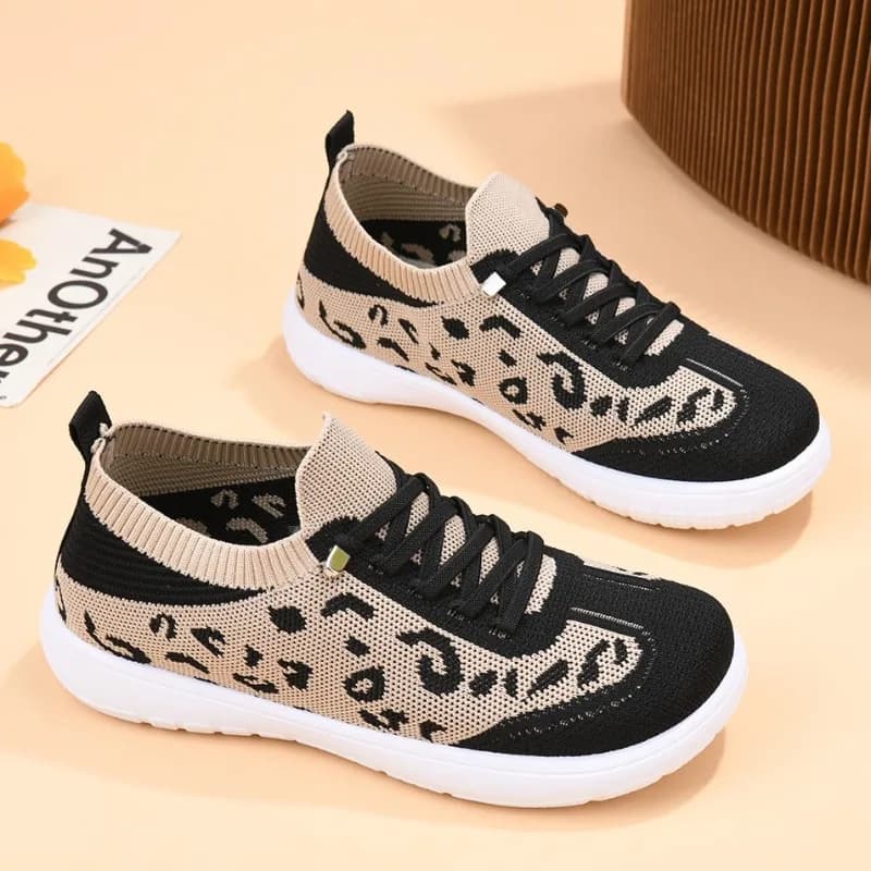 Women Lace‑up Leopard Knit Mid‑top Sneakers Lightweight Cushion Non‑Slip Rubber Sole Breathable Walking Casual Shoes