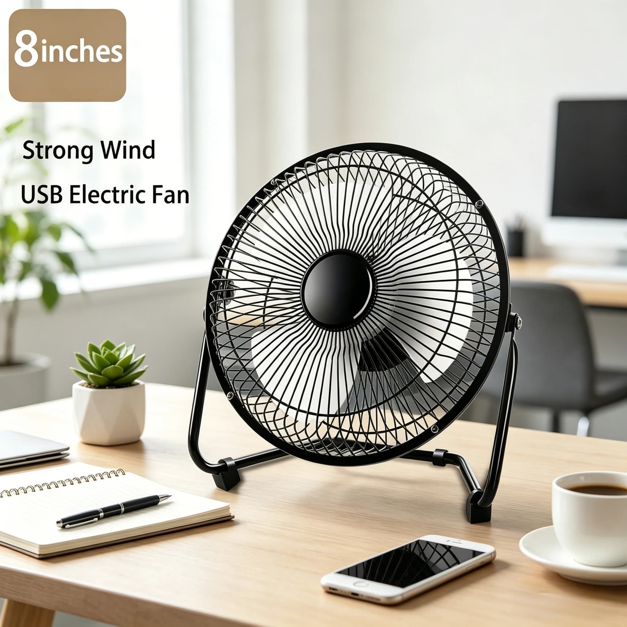 8 Inch USB Desktop Electric Fan 4 Blades Strong Airflow 2 Speed 360° Adjustable Angle Portable Mini Table Fan