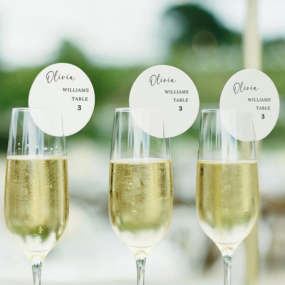 50 etichette per bevande con biglietti rotondi personalizzati, etichette per biglietti da visita per matrimonio, etichette per bevande, pennarelli per champagne, bicchiere di vino, decorazioni per feste di nozze