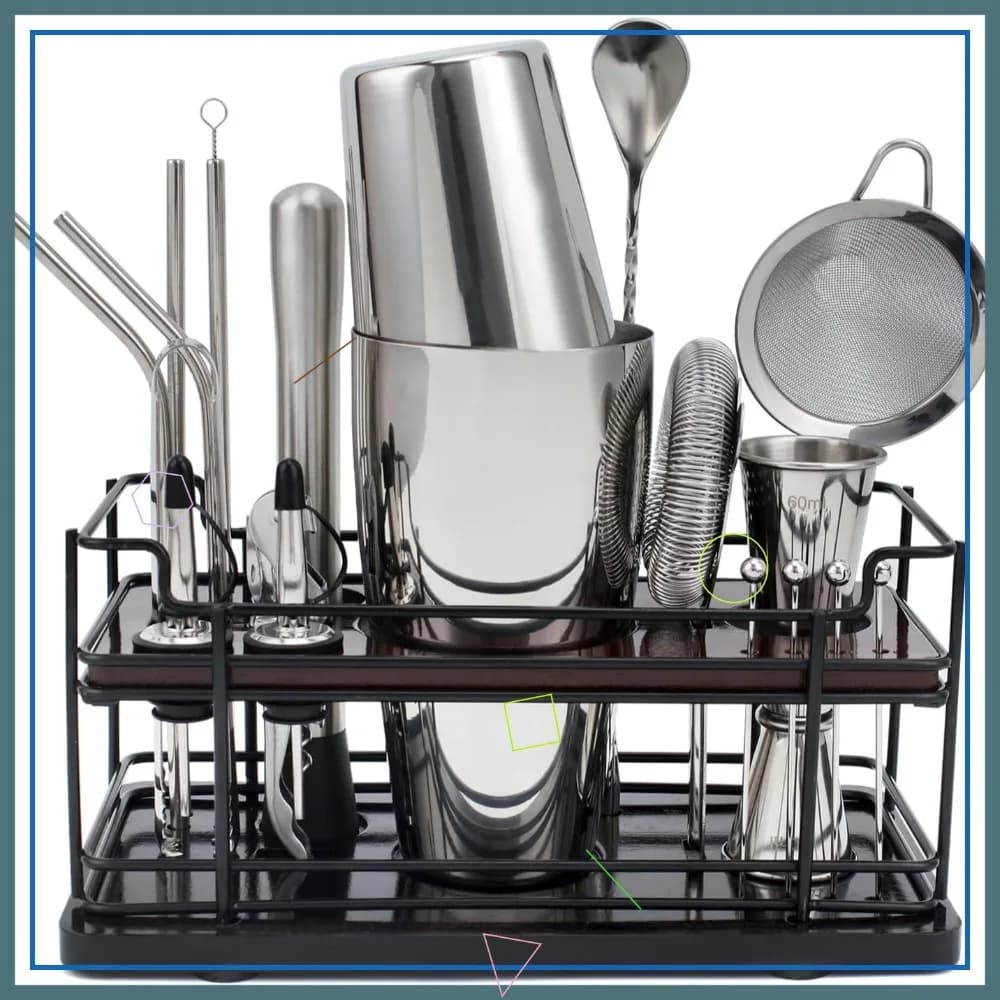 Set Completo da Barman 20 Pezzi con Supporto, Kit Shaker per Cocktail per Uso Domestico, Ideale per Feste e Regali