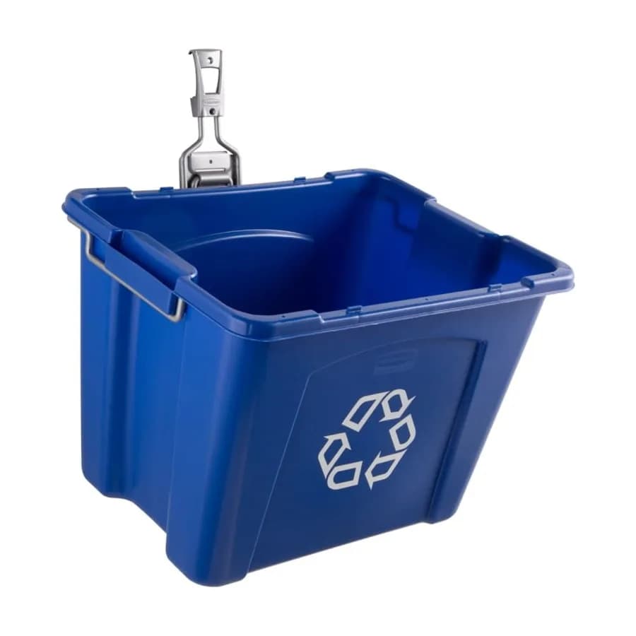 Garage wall-mounted recycling bin system in blue/satin nickel metal, holds up to 50 pounds, fast-track sorting for home/garage