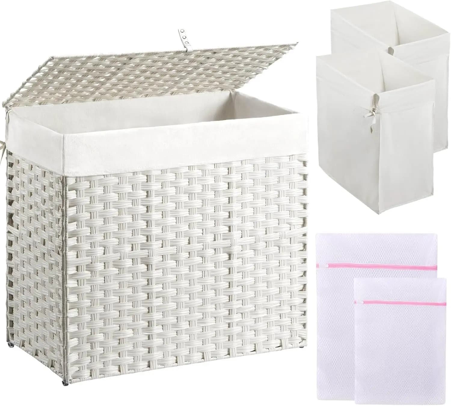 Cesto portabiancheria pieghevole da 125 litri con coperchio, 2 fodere rimovibili e borse a rete, rattan sintetico intrecciato a mano per il bagno della camera da letto