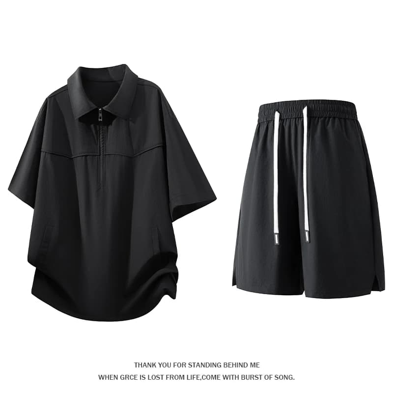 2026 Summer Large Size Ice Silk Short-sleeved Shorts Set Men's Loose Quick-drying Breathable Semi-zipper Polo Shirt Casual A Set