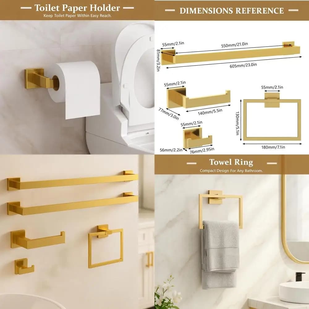 Portasciugamani da 2 pezzi, set di accessori da bagno in acciaio inossidabile spazzolato oro, include ganci, supporto e anello