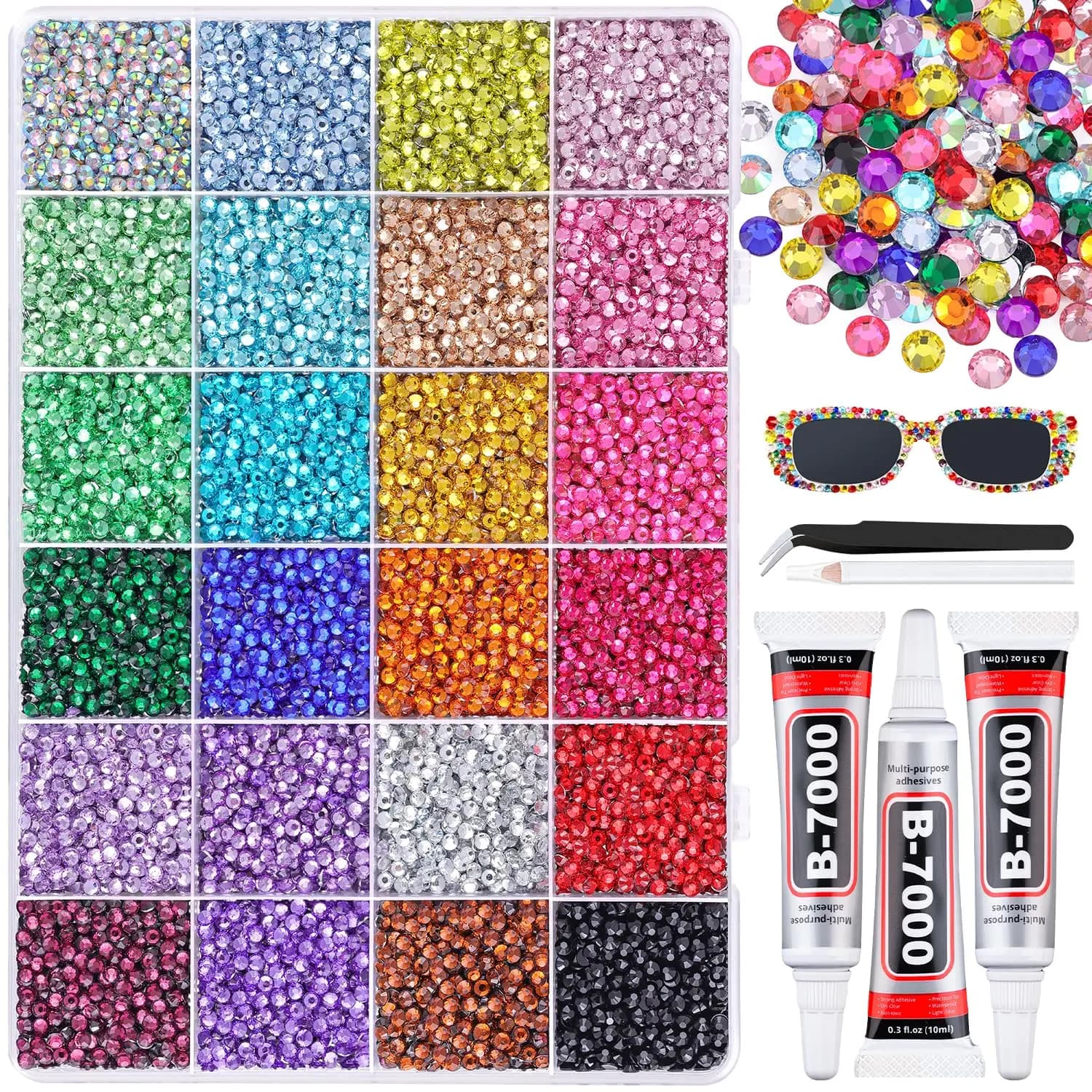 24000 Pezzi di Strass in Resina Multicolore da 3mm con Colla B7000 per Artigianato, Abbigliamento, Bicchieri, Tazze, Scarpe, Nail Art