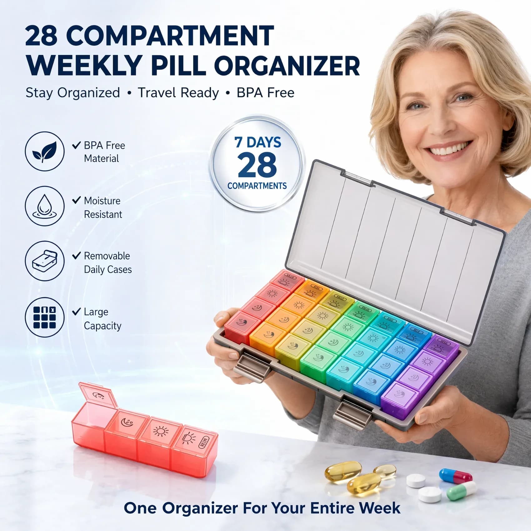 Weekly Pill Organizer 28 Compartments 7 Day Pill Box Travel Medicine Storage Case BPA Free Portable Vitamin Pill Container