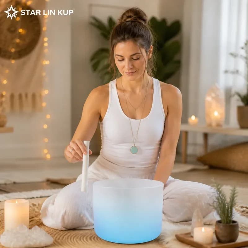 STAR LIN KUP 432Hz Ice Blue Clear Crystal Singing Bowl for Yoga Meditation Stress Relief Healing Sound Therapy with