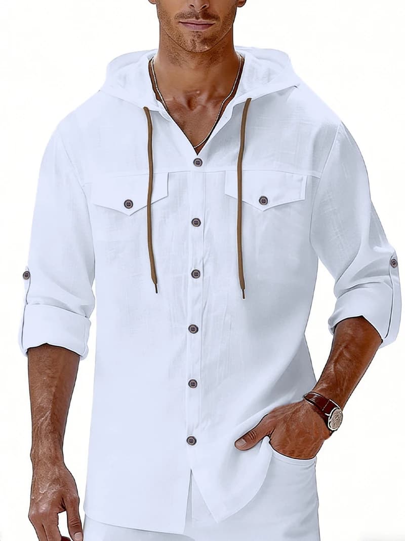 New Shirt with Men's Hood Spring Summer, Solid Color, Long Sleeve, Casual, Linen, Beach Style, Top with Men's Hood MY1159