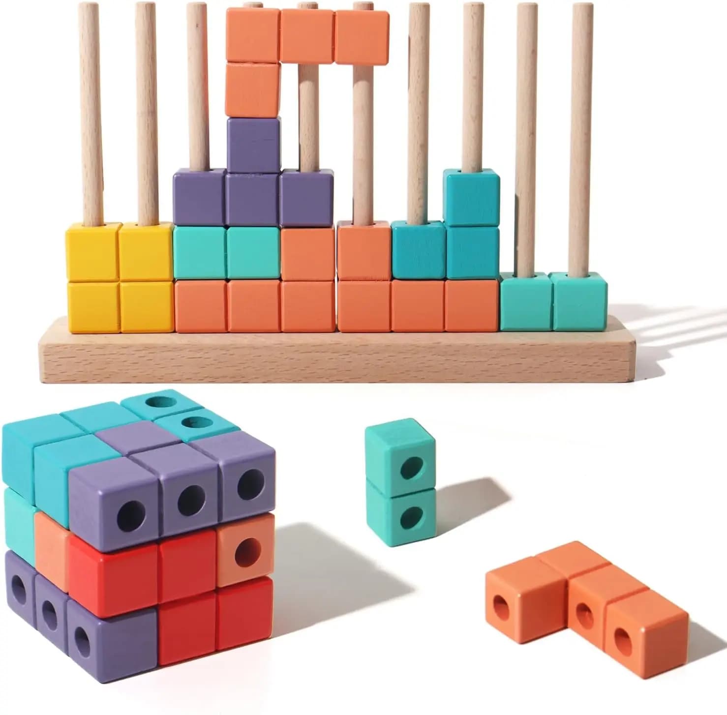 Puzzle di blocchi di costruzione in legno colorati con base e perni - Giocattolo educativo STEM per bambini