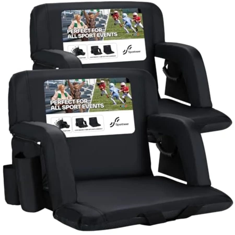 Sedili da Stadio con Supporto Lombare: Cuscino Comodo Spesso 2,5'' con 6 Angoli Regolabili, Sedile per Tribuna con Braccioli - 2 Grandi Tasche 2 Cu