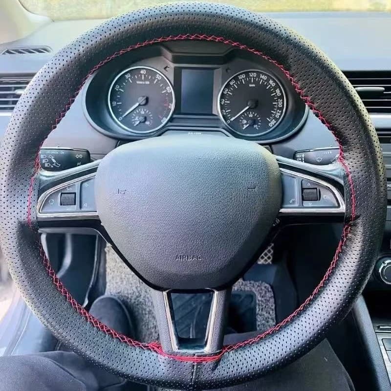 Hand-stitched Carbon Fiber Steering Wheel Cover Genuine Leather For Skoda Octavia Fabia Rapid Spaceback Superb Accessories