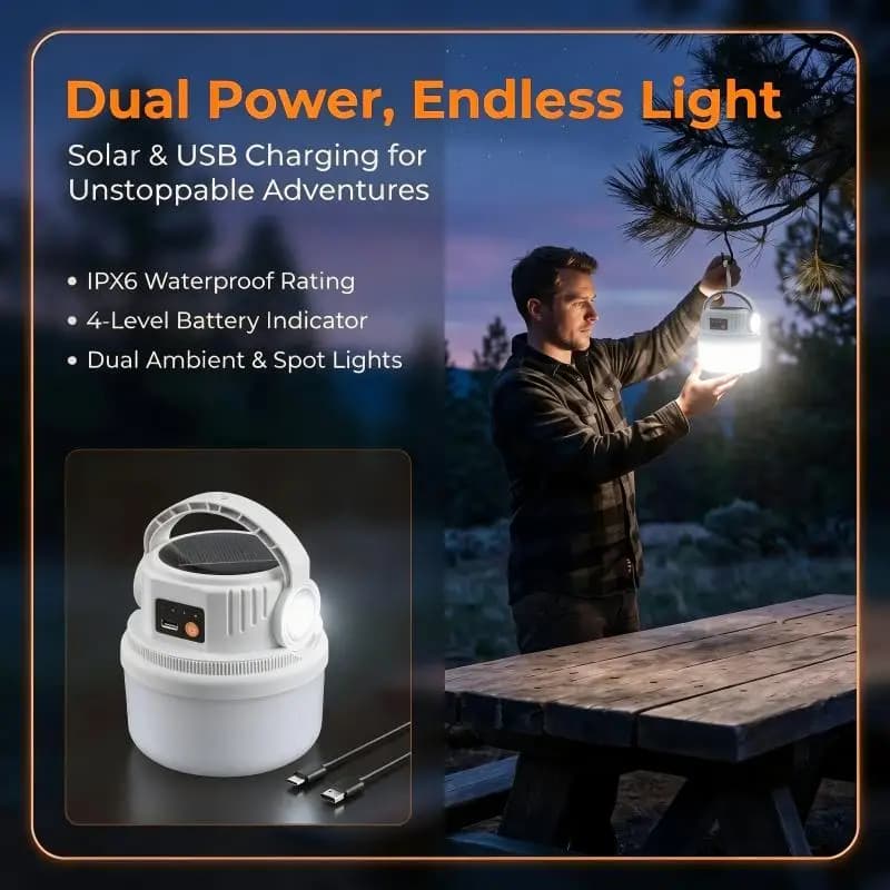 Solar Camping Light Portable LED Lamp Type-C Rechargeable 6 Modes Waterproof S-Hook Tent Hiking Garden Emergency Atmosphere Lamp