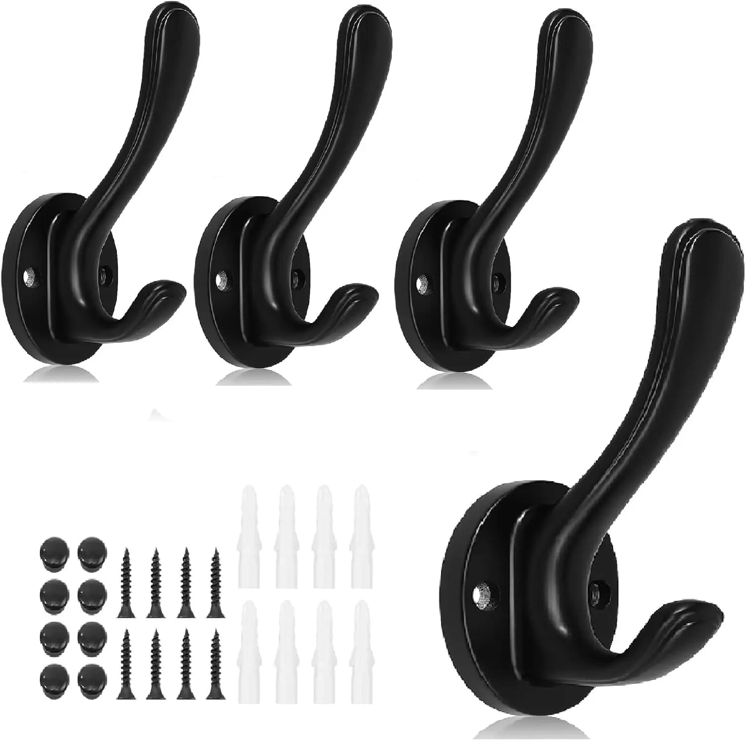 Set di 4 Ganci Neri Resistenti per Asciugamani da Bagno, Ganci Doppi in Metallo da Parete per Appendere Asciugamani, Cappotti e Cappelli