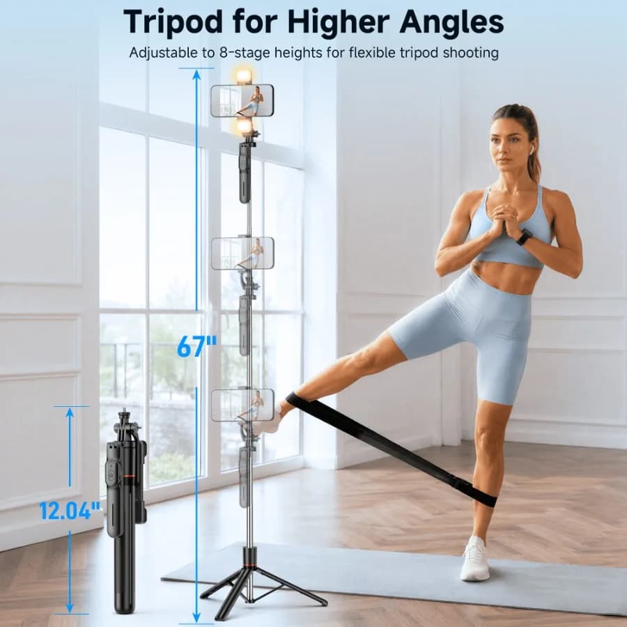 Selfie Stick Tripod with Light, 67'' Portable Phone Tripod with Remote, 360° Rotation Handle, Compatible with Iphone, Android/V