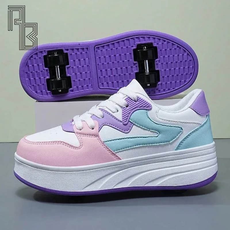 1 pair of new four wheels for woman and girl shoes leather PU fashion men sneakers breathable skates size 30-40
