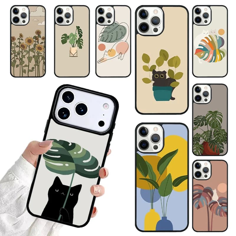 Plants and Cat Minimalism Phone Case For iPhone 17 16 15 14 13 12 11 Pro Max 17air Shockproof Cover Fundas