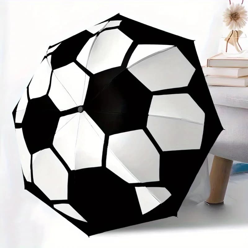 Ombrello pieghevole portatile con motivo a pallone da calcio, con telaio in ferro resistente a 8 stecche - Ombrello da viaggio compatto ad apertura automatica, L