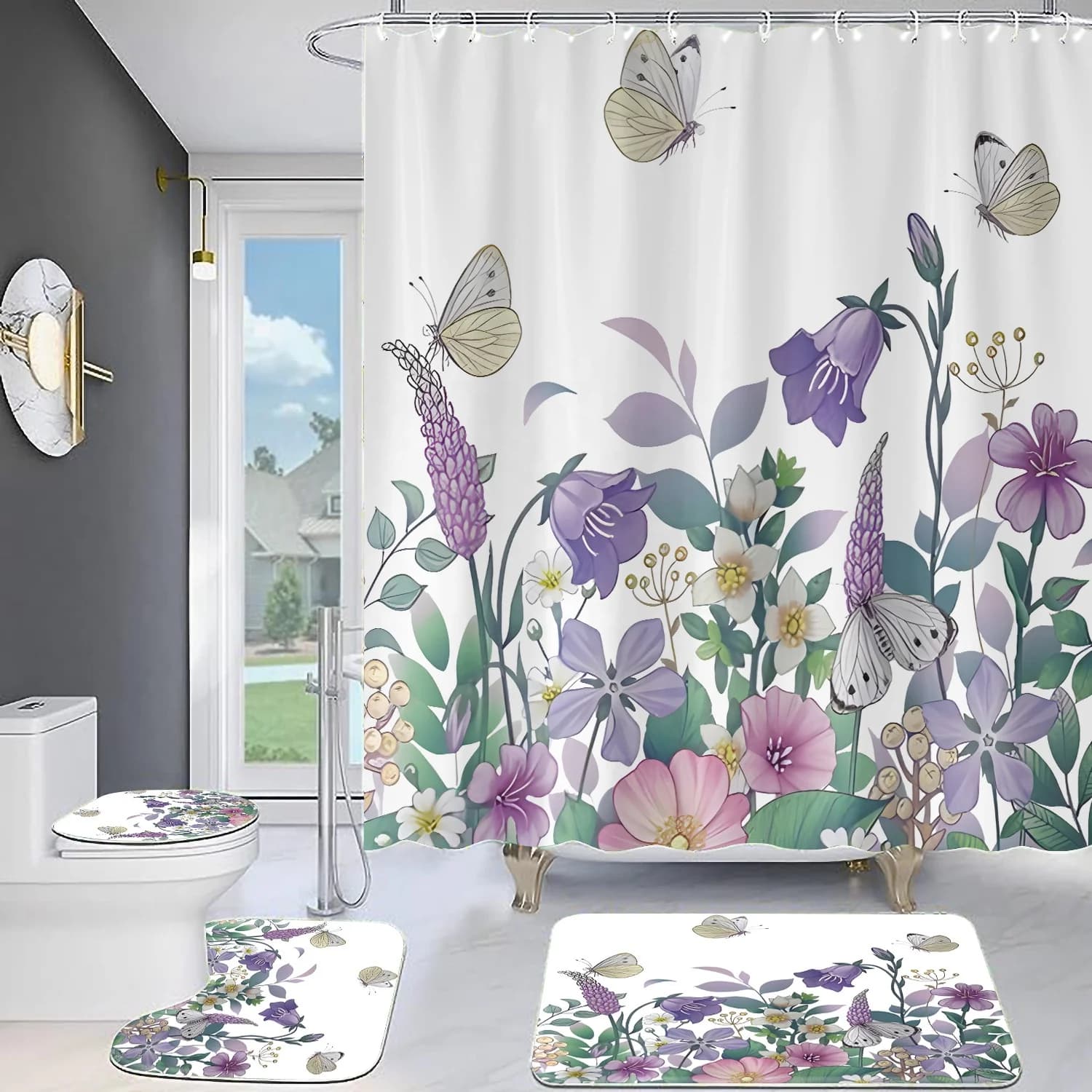 Glamorous Bathroom Set 4 Pcs with Floral Fabric Bathroom Shower Curtain and Rugs and Accessories
