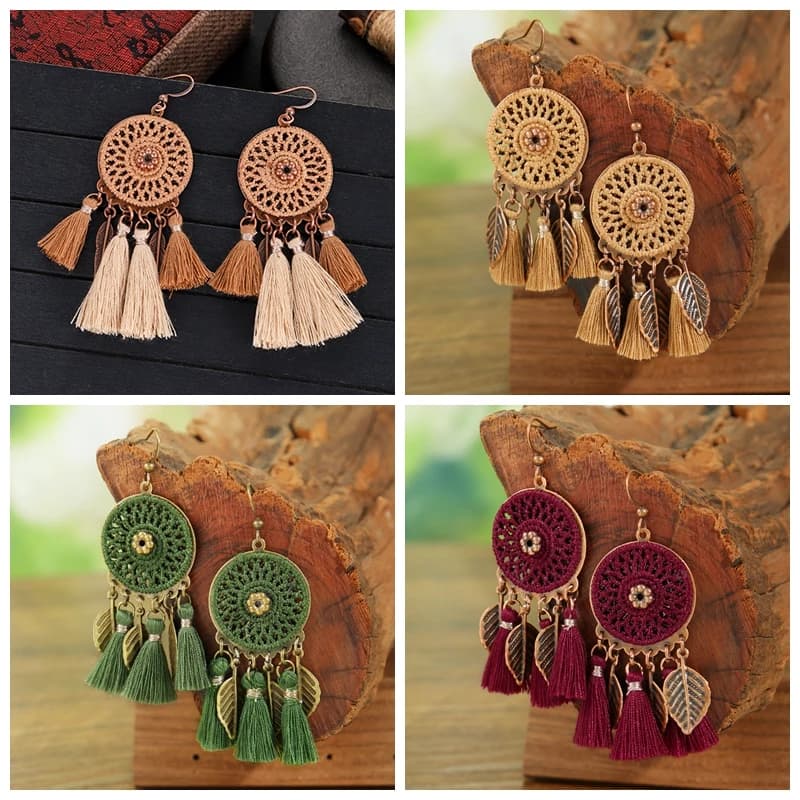 Ethnic Woven Dream Catcher Tassel Earring Retro Braided Round Metal Leaf Pendant Earrings Gypsy Ladies Fashion Jewelry