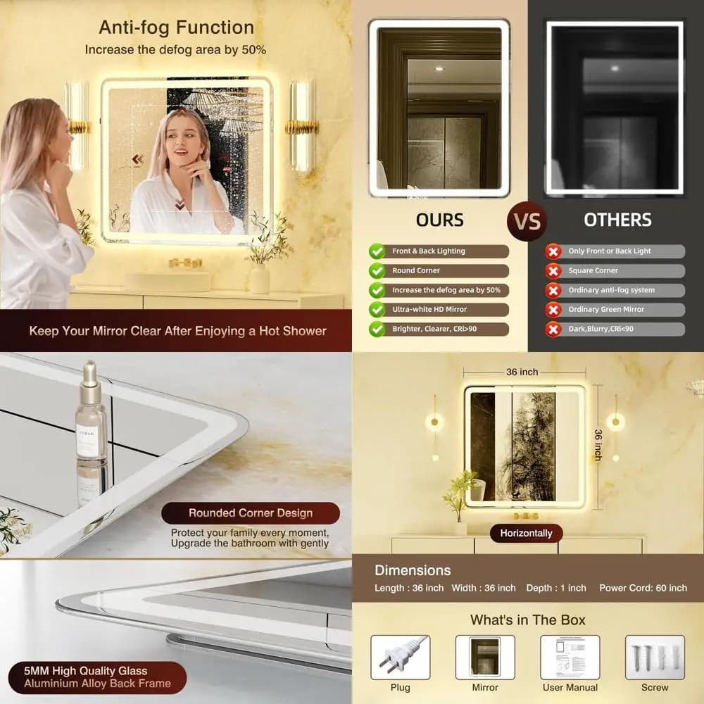 Specchio da Bagno Illuminato a LED 36x36 con Funzione Antiappannamento, Illuminazione Regolabile e 3 Opzioni di Colore