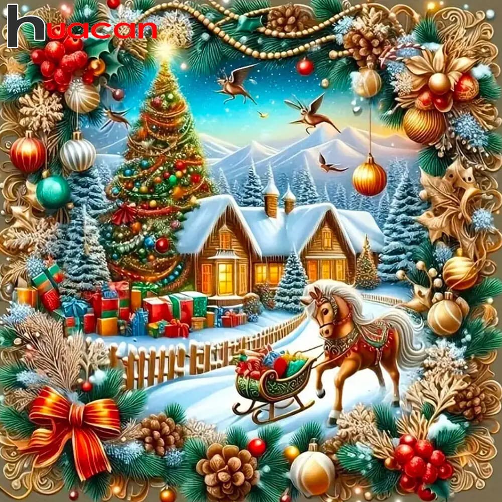 Huacan Christmas Village Diamond Painting Wooden House Winter Scenery Santa Claus Diamond Mosaic Rhinestone Pictures