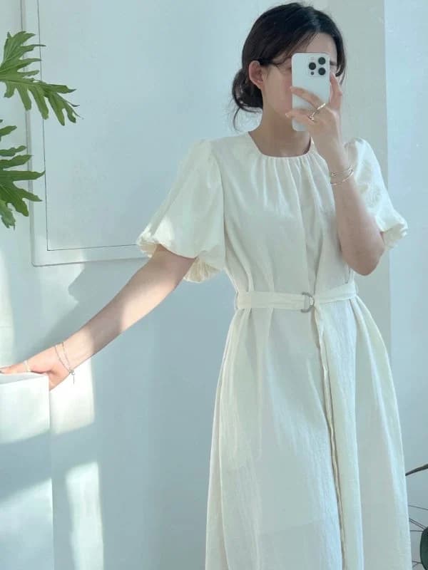French Style Short Sleeve Dress Women's Summer New Fashion Pleated round Neck Lazy Lantern Sleeve Initial Love Dress with Belt