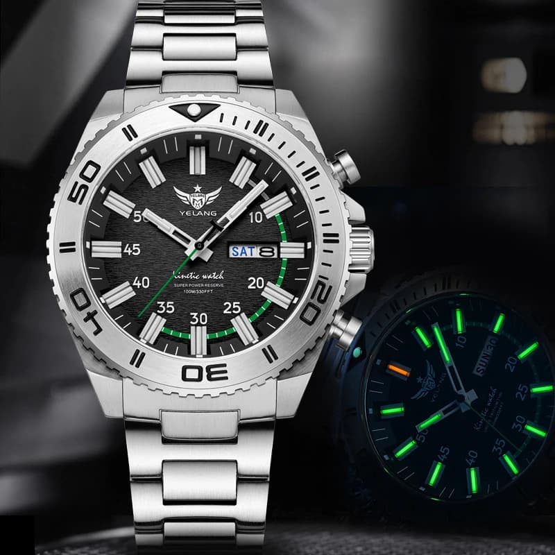 Yelang V1035 44mm Orologio subacqueo da uomo Orologio a energia cinetica umana Marchio 100m Orologi impermeabili luminosi T100 Giappone PX83 Zaffiro
