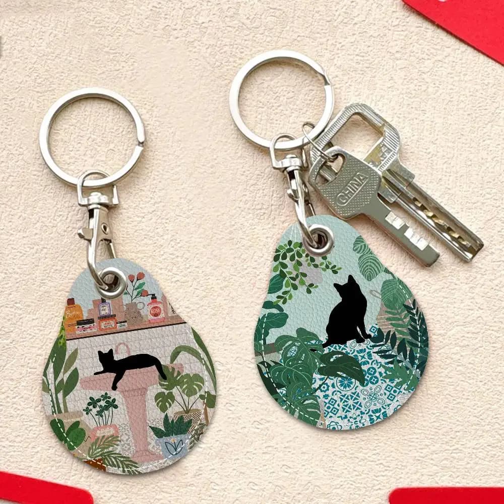 Green Plants Abstract Black Cat Leather Card Holder PU Keychain Keychain Access Tag Case Keychain Access Card Bag Keychain Keychain