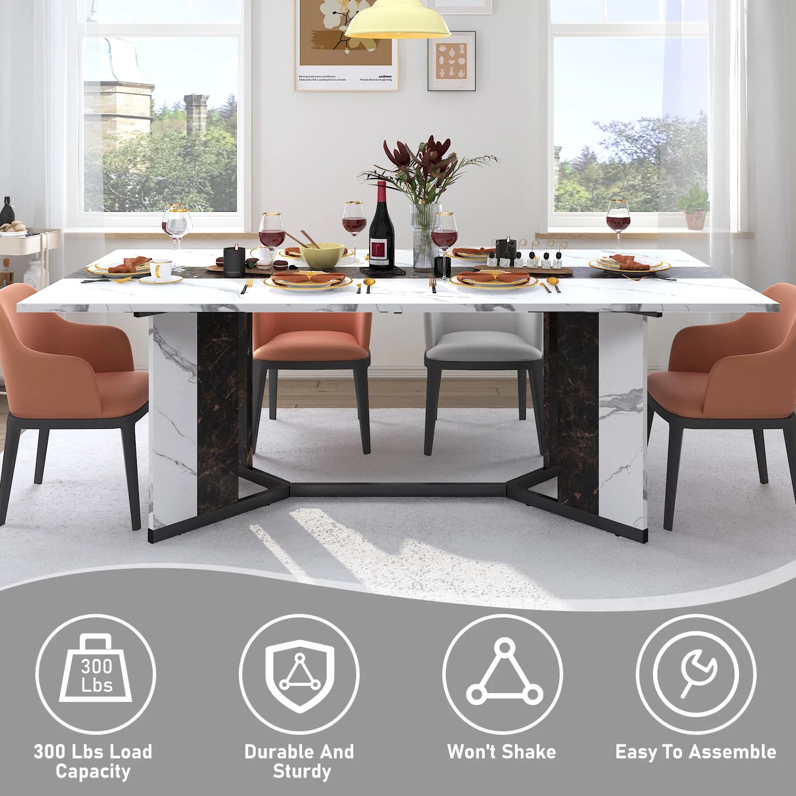 71 "grande lussuoso tavolo da pranzo rettangolare per 6 8 10 persone, tavolo da pranzo per famiglie con colore marmo, tavolo in legno, gamba in metallo