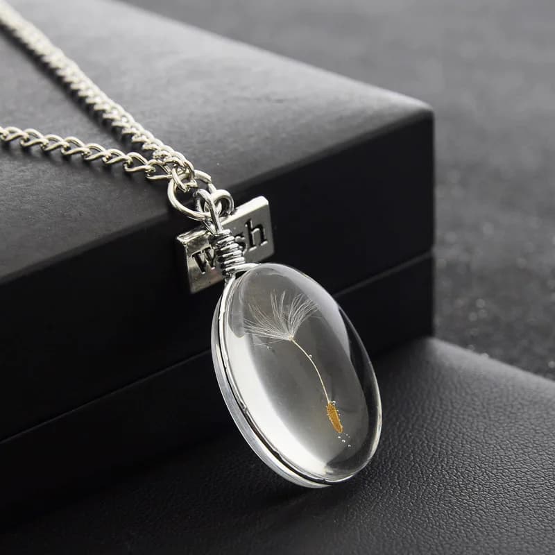 Collana Fai da Te Artigianale con Semi di Tarassaco Naturali e Ciondolo a Doppia Faccia con Fiore Essiccato, Lunga Catena per Maglione da Donna