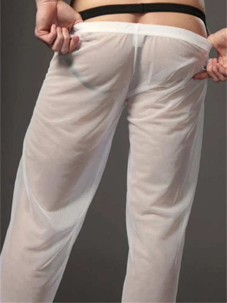Pantaloni da pigiama in rete da uomo sexy Pantaloni da casa trasparenti trasparenti a vita bassa Pantaloni da notte traspiranti per lingerie da uomo Leggings