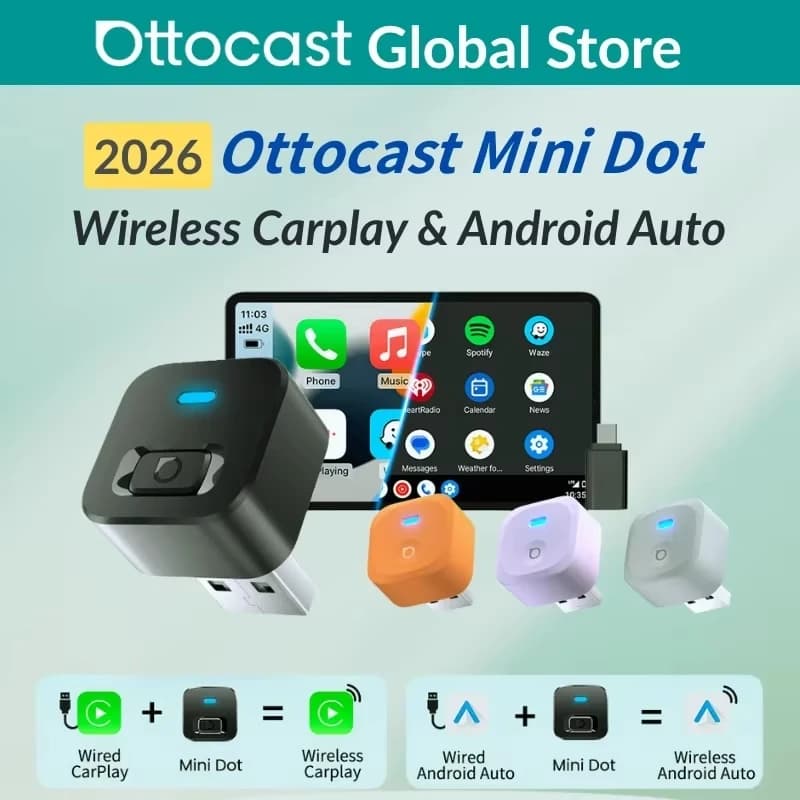 Adattatore Wireless Ottocast Mini Dot per CarPlay e Android Auto, Dongle USB Plug & Play, Connessione Wi-Fi 6 Automatica per Toyota, VW, Mercedes-Benz, Chevrolet