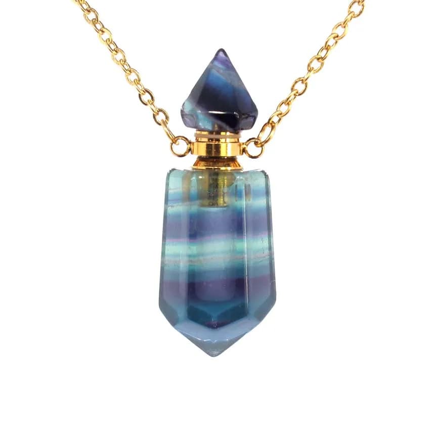 Ciondolo Diffusore di Profumo in Pietra Naturale Curativa, Collana con Ciondolo Esagonale in Fluorite e Quarzo Rosa per Oli Essenziali
