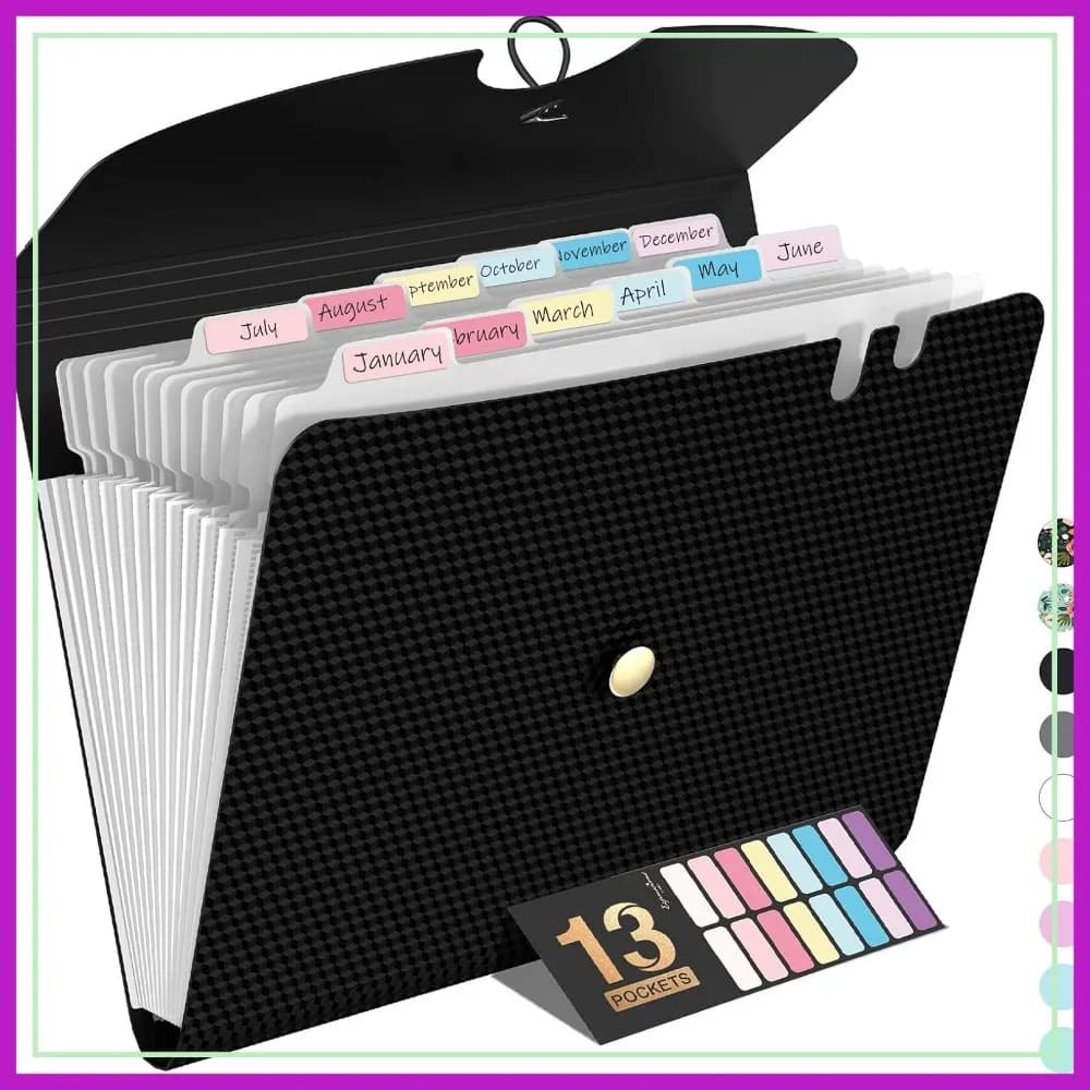 Cartella Portadocumenti Espandibile a 13 Tasche, Organizzatore a Fisarmonica con Etichette, Porta Scontrini Portatile per Scuola e Ufficio, Formato Lettera A4