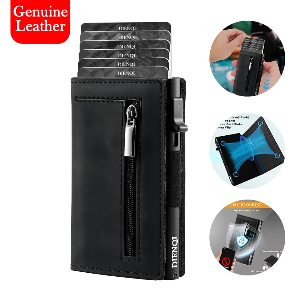Porta carte di credito in vera pelle Portafoglio da uomo Rfid Porta carte di credito magnetico Portafogli portamonete per uomo Tarjetero Hombre