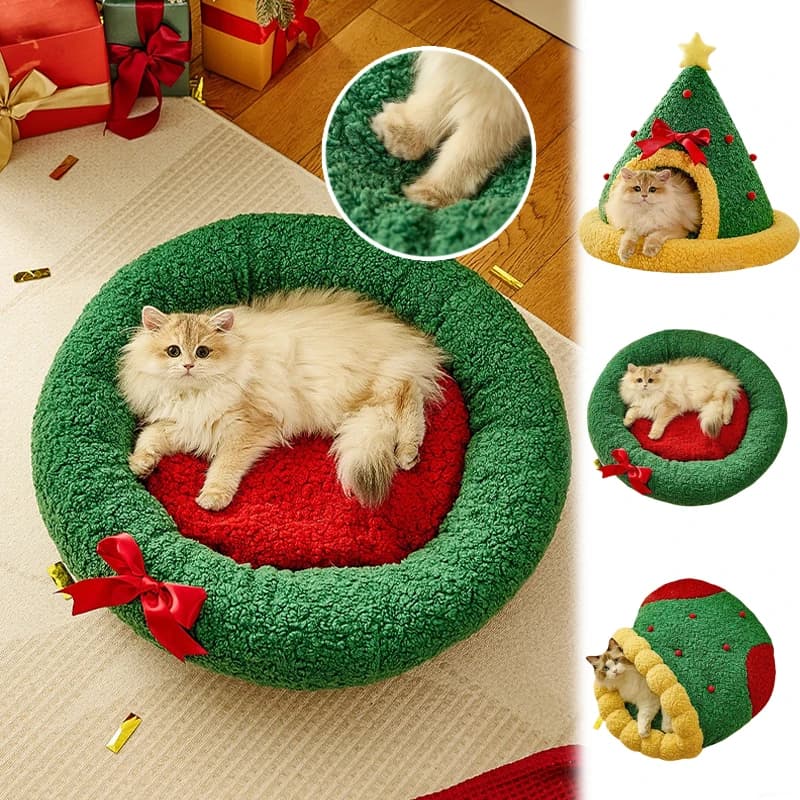 2026 Albero di Natale Letto per animali domestici Cuccia invernale calda in peluche Semi chiusa Casa per gatti con calza natalizia Design Cuscino circolare per interni