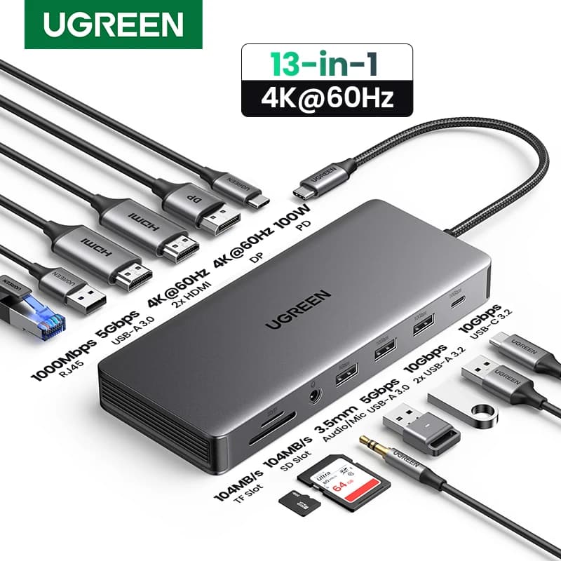 UGREEN USB C Docking Station 13 in 1 4K triplo Display Dual HDMI 10gbps USB C HUB 100W PD SD/TF per MacBook Pro Air Dell XPS