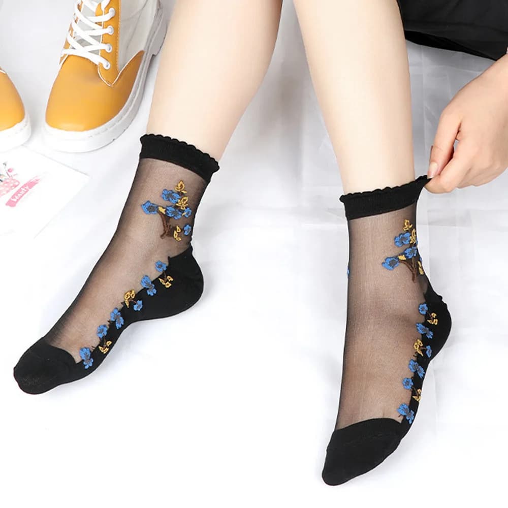 5 Pairs Women Floral Print Mid Tube Socks Summer Thin Design Sweat Absorbing Breathable Comfortable Casual Women silk socks