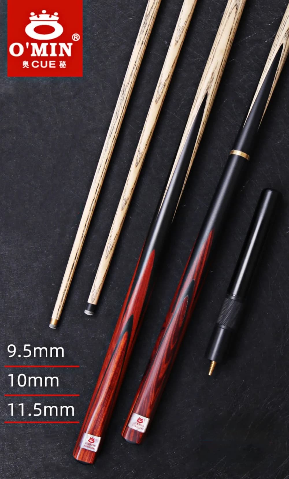 Stecca da biliardo OMIN 57" Blood Evil Snooker 9,5/10/11,5 mm + prolunga + set custodia