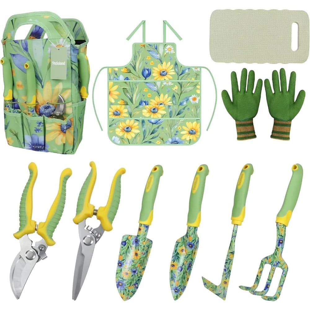 10-Piece Garden Tool Set: Aluminum, Ergo Handles, Knee Pad, Apron, Gloves, Bag, Starter Kit