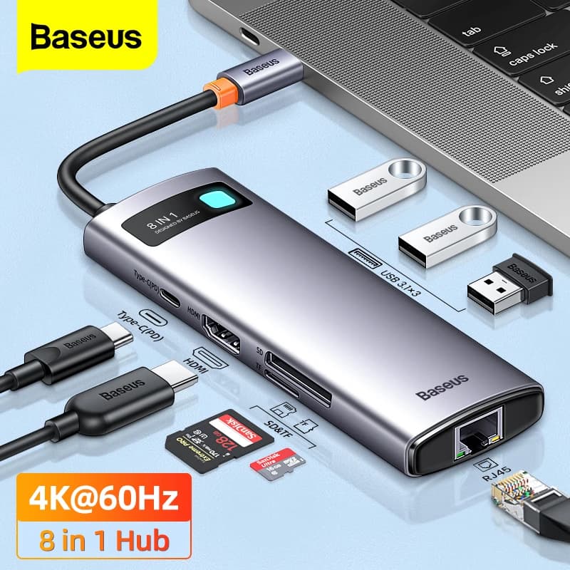 Baseus 4K 60Hz USB C Hub 3.1 Splitter USB Tipo C a HDMI Adattatore RJ45 PD 100W compatibile per MacBook Air Pro M2 M1 Dock Station